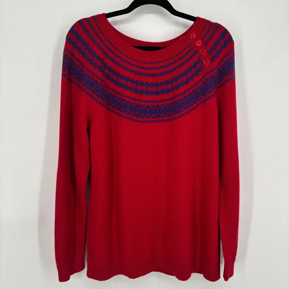 Talbots Lambswool Blend Red Blue Fair Isle Crew Neck Sweater Women's Size 1X NWT